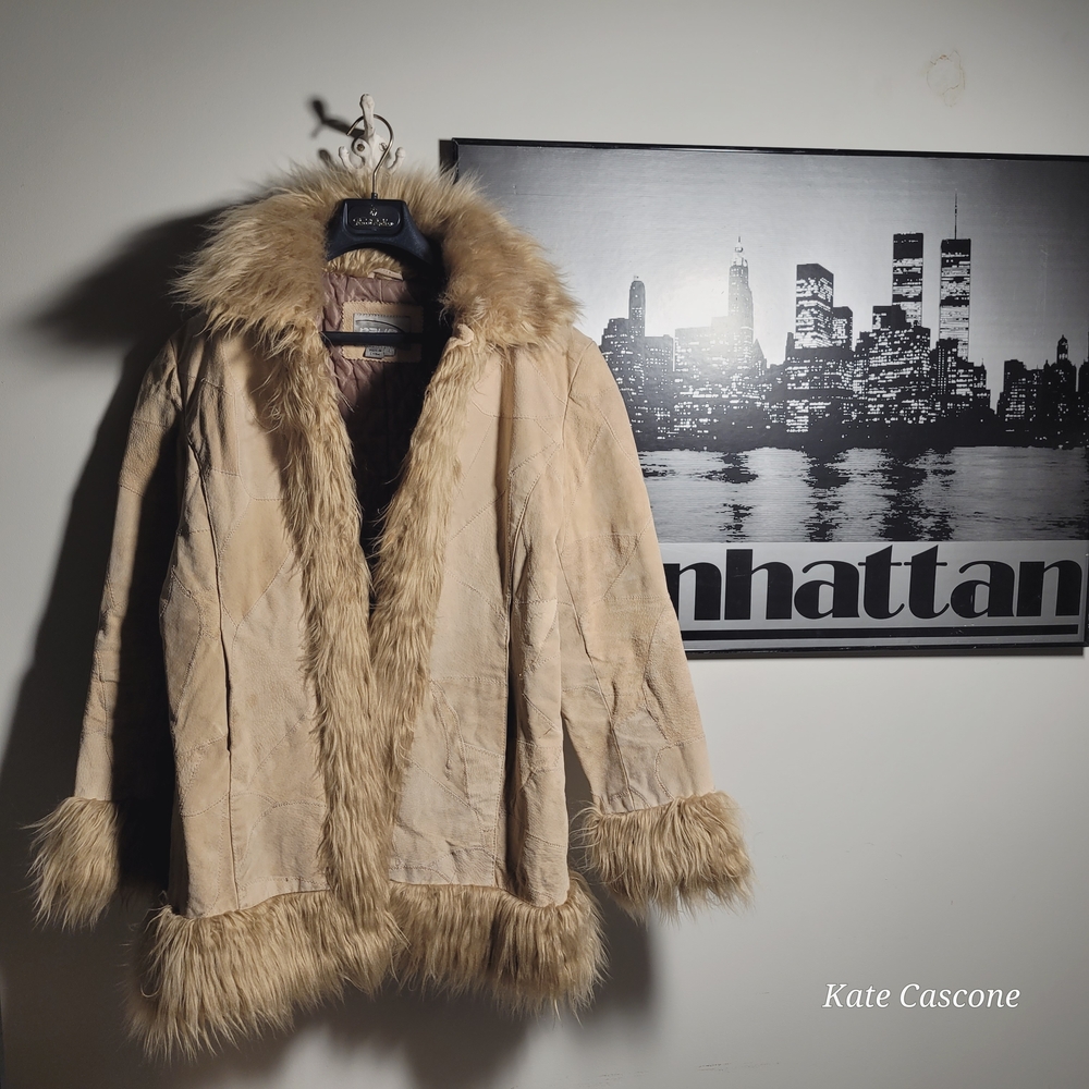 Vintage 1980's Genuine Patchwork Leather Teddy Jacket with Faux Fur Trim